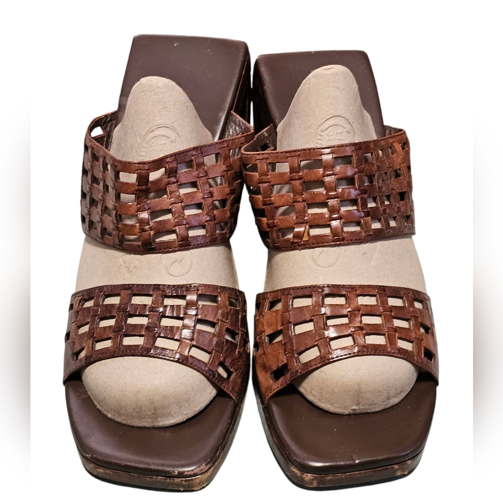 Cole Haan studio woven wood platform sandal Asian inspired leather